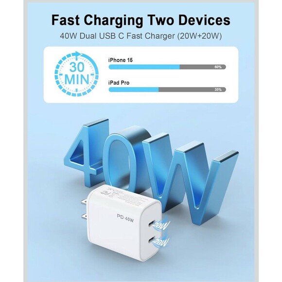 2Pack 40W USB C Charger Block, Dual USB-C Port Power Adapter - White - Picture 4 of 5